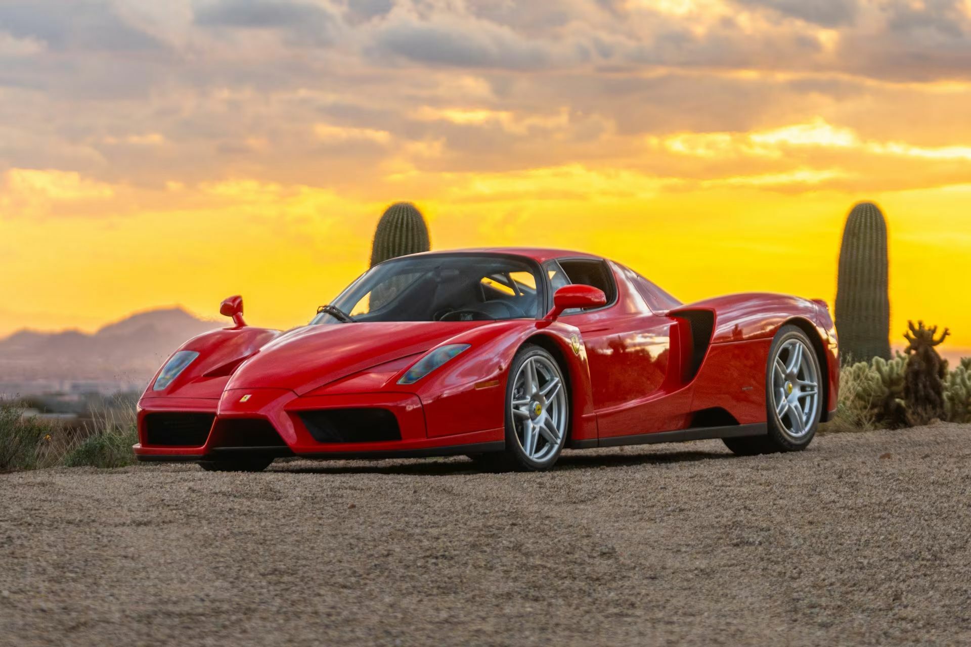 Ferrari Enzo front three-quarter view showing the aggressive F1-derived nose and angular air intakes