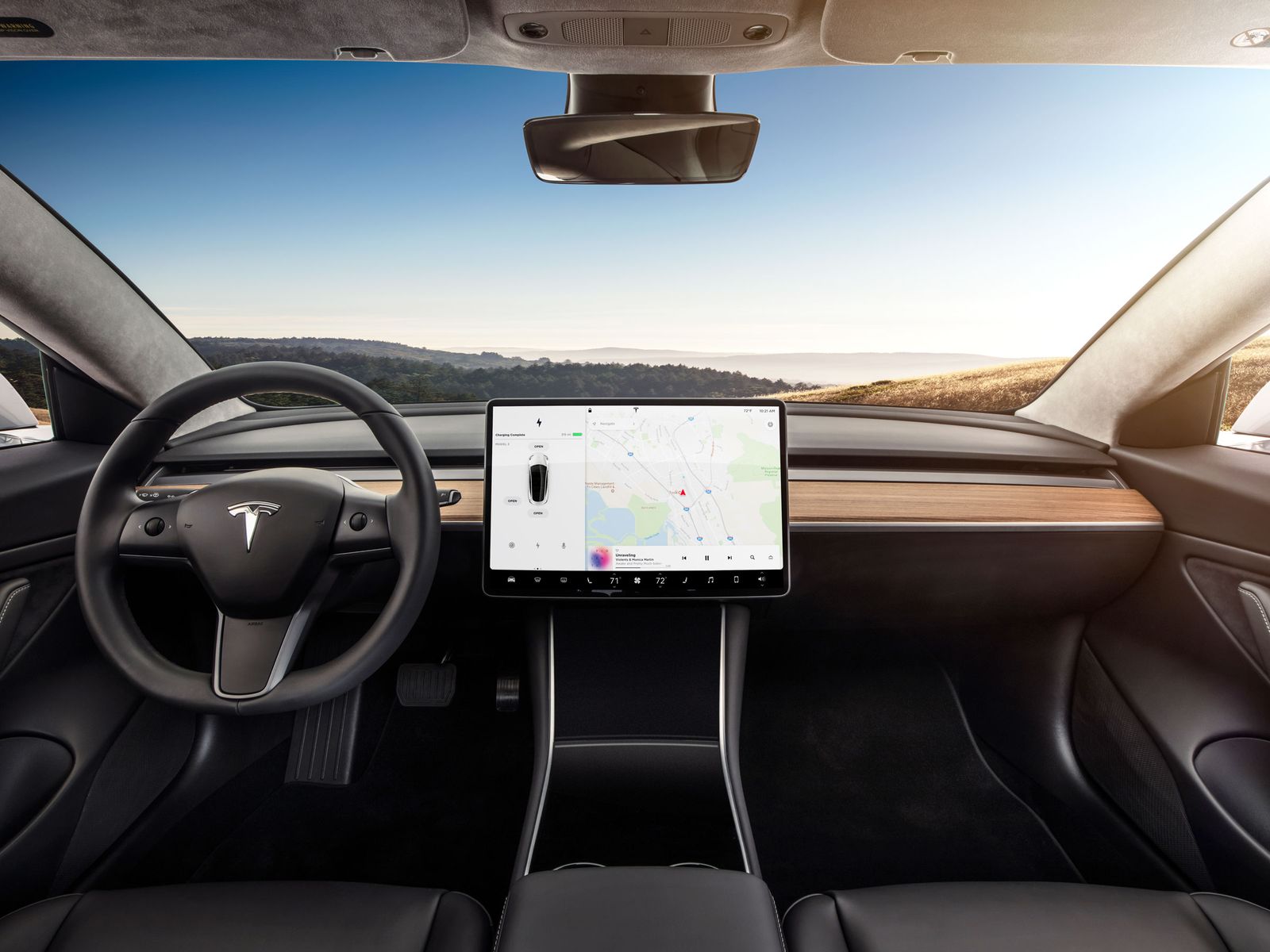 Tesla Model 3 Performance Highland refresh interior showing the redesigned centre console and screen